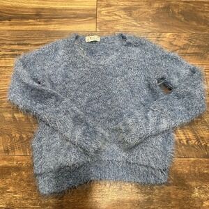 Fuzzy Knit Sweater Pullover Blue V-Neck Long Sleeve Soft Cozy Comfy‎